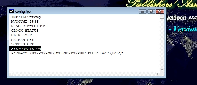 Figure 1a - Edit CONFIG.FPW.  Make sure "SYSFORMATS=ON" is there.